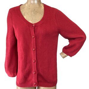 Talbots Button-Up Cardigan Sweater Ribbed Knit Balloon Sleeves M Red #314E